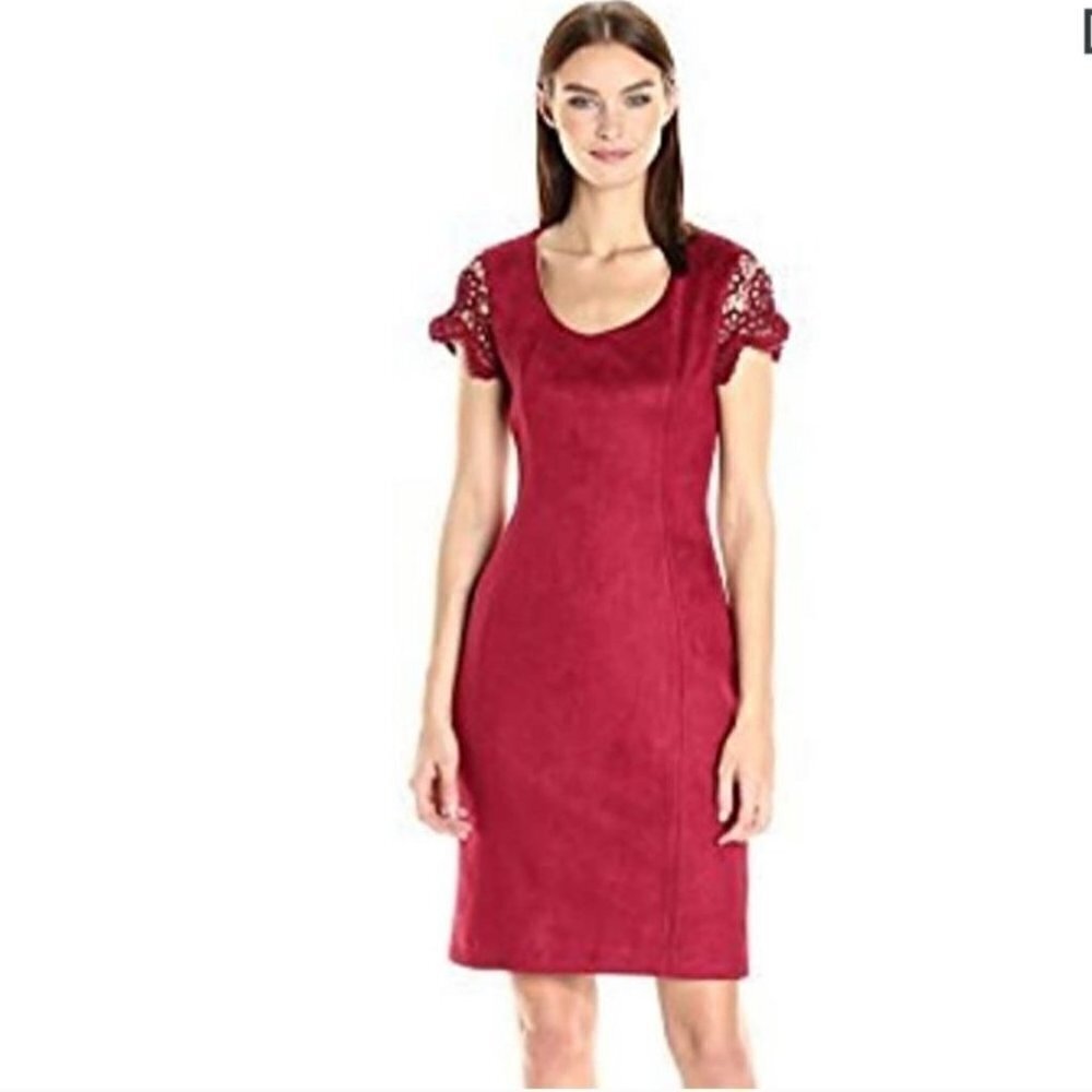 Nanette Lepore Cranberry Red Lace Cap Sleeve Suede Like Sheath Dress Size 8